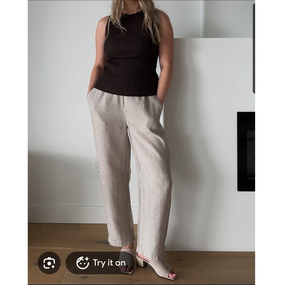 Quince 100% European Linen Pants Flax Beige Wide Leg Pull On Sz 2X Quiet Luxury